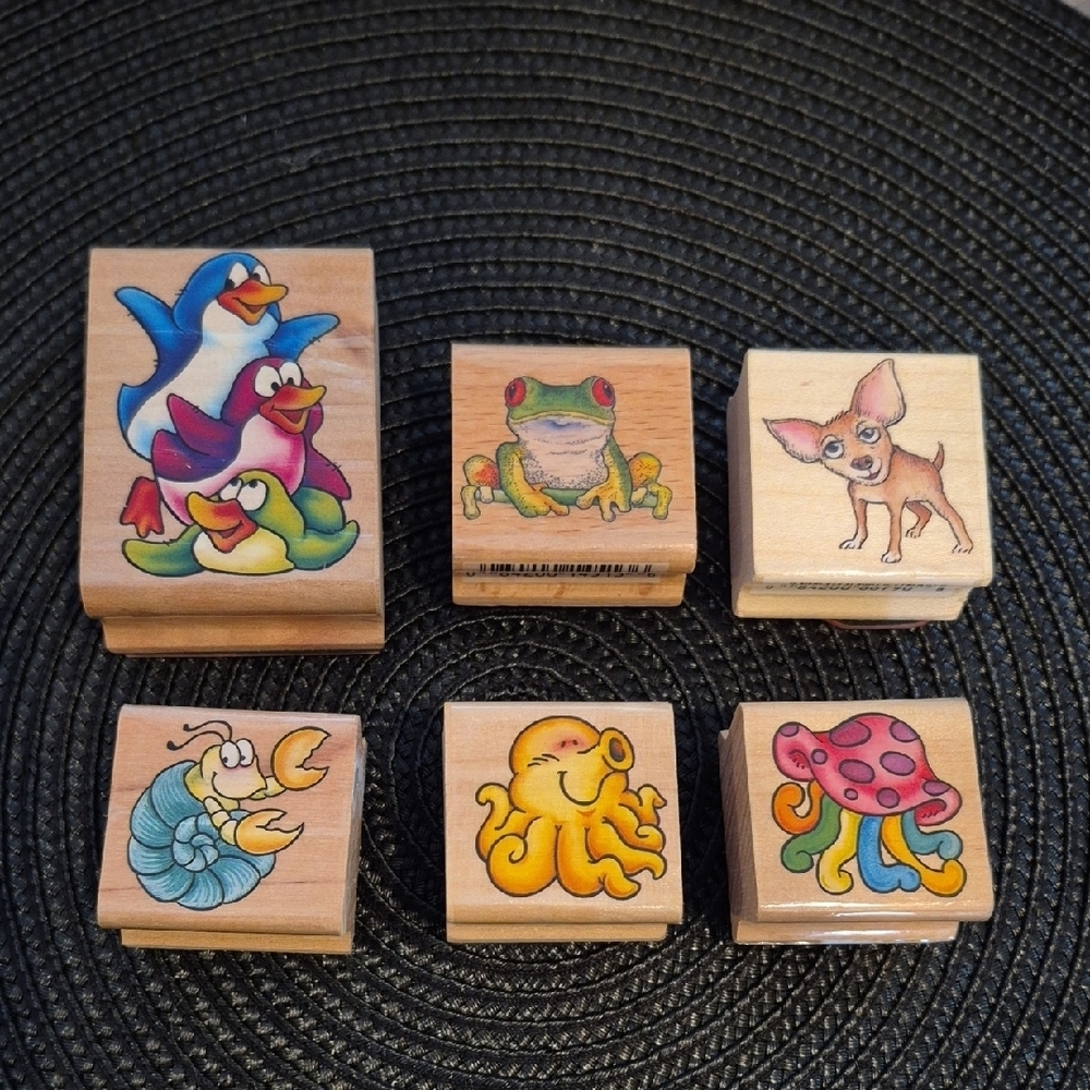 ASSORTED Animal Themed Wood Mount Rubber Stamp Set, Set Of 6